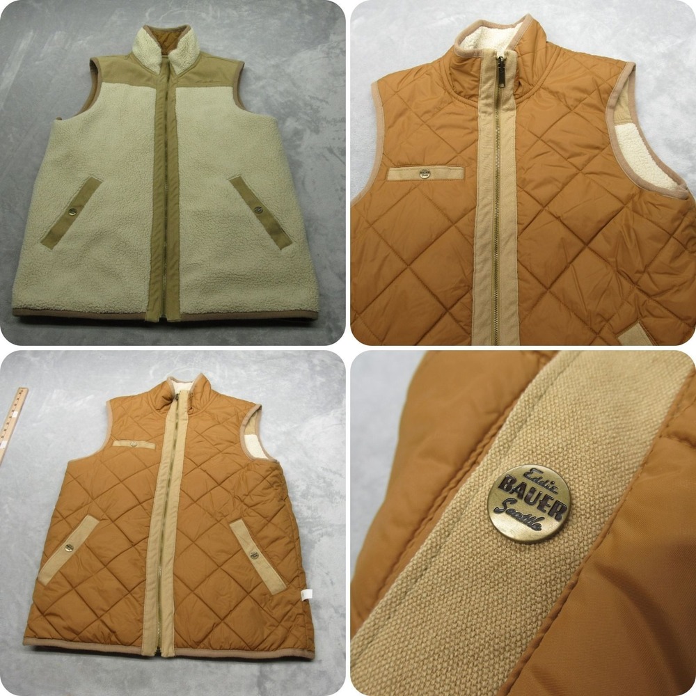 Eddie Bauer Vest Mens Large Beige Sherpa Fleece Quilted Insulated Warm Cozy Fall